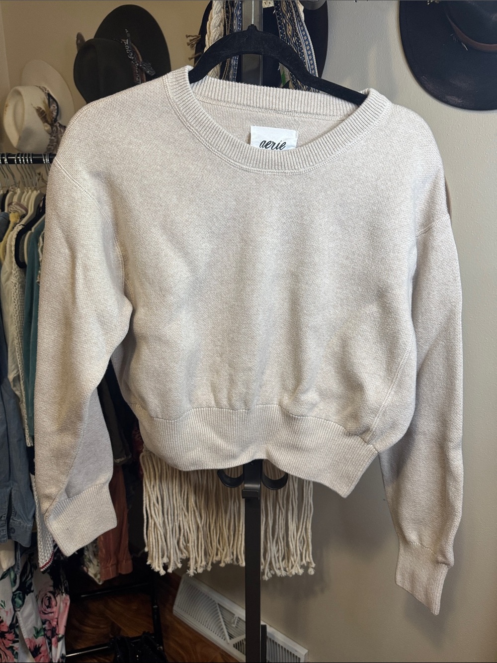 aerie Light Beige Crewneck Cropped Sweater